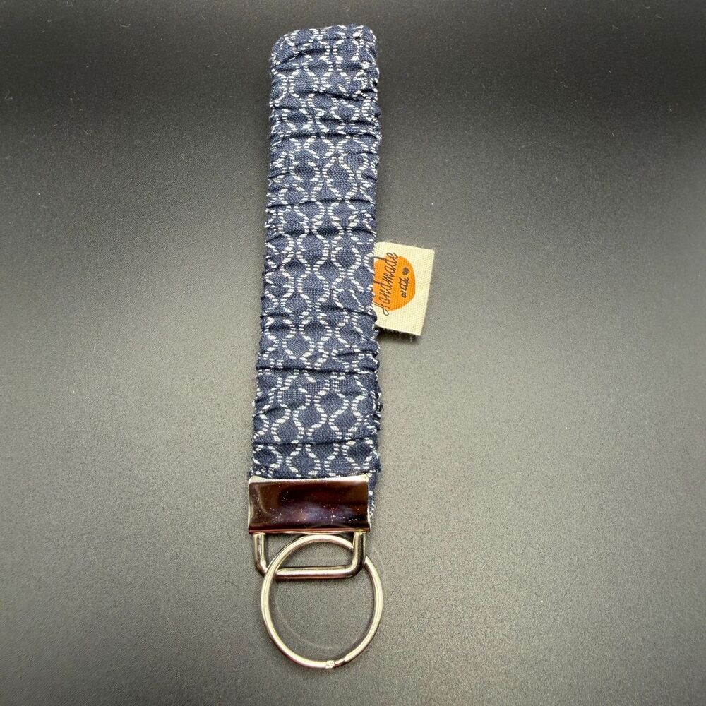 Handmade Navy Blue Scrunchie Wristlet Keychain Fabric Key Fob Strap Ring Holder